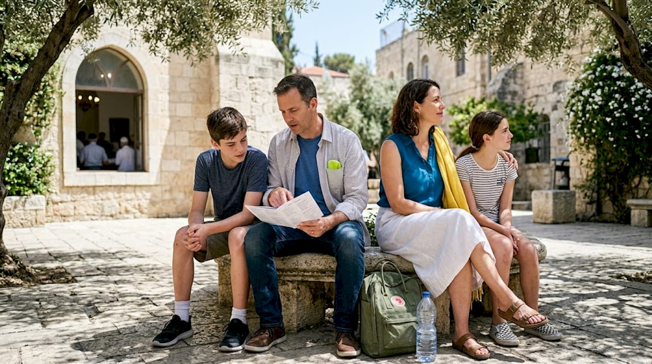 Family listening to music outside Jerusalem synagogue