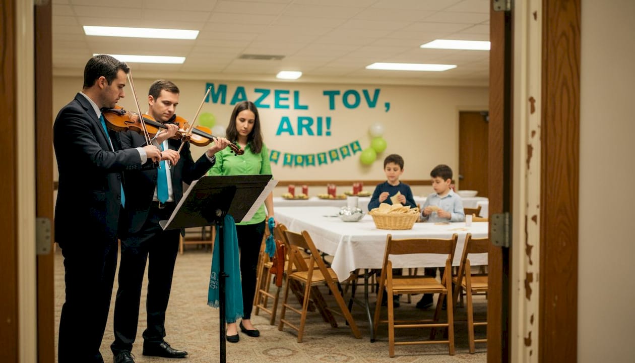 Musicians preparing for Bar Mitzvah ceremony in hall