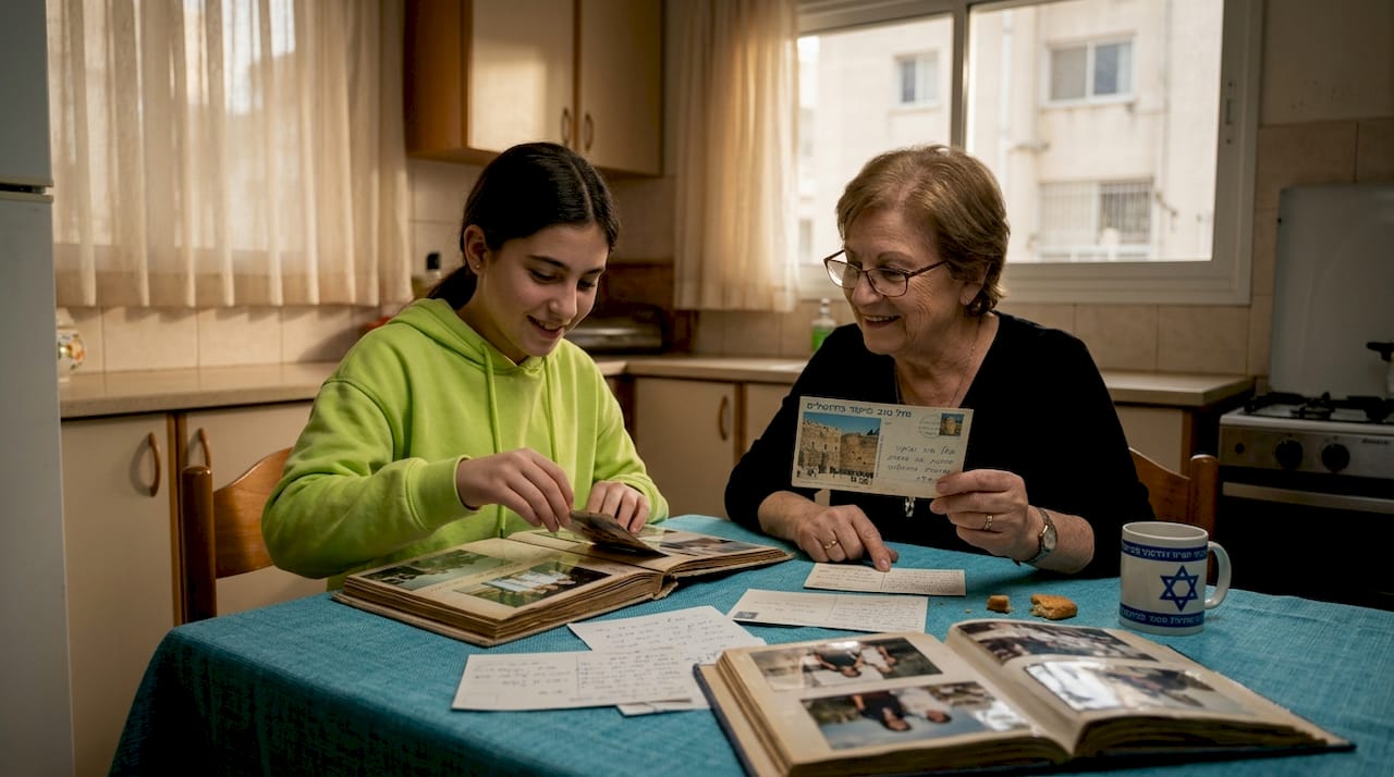 Family sharing Bar Mitzvah memories in Israel