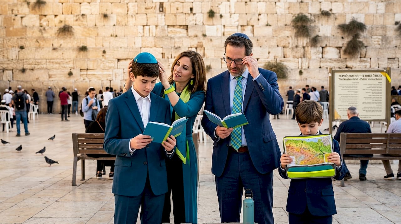 Family reading prayer book at Western Wall