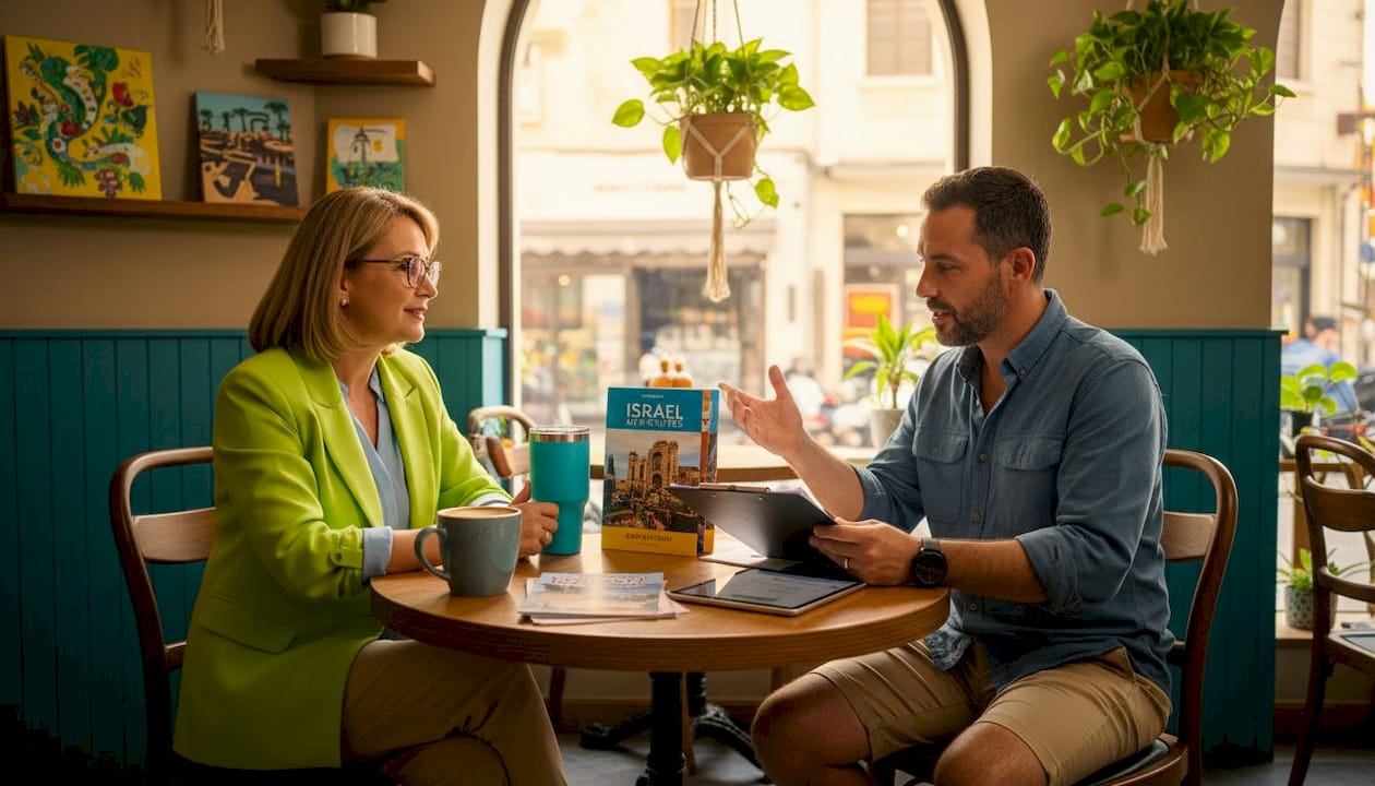 Tour operator and guide reviewing plans