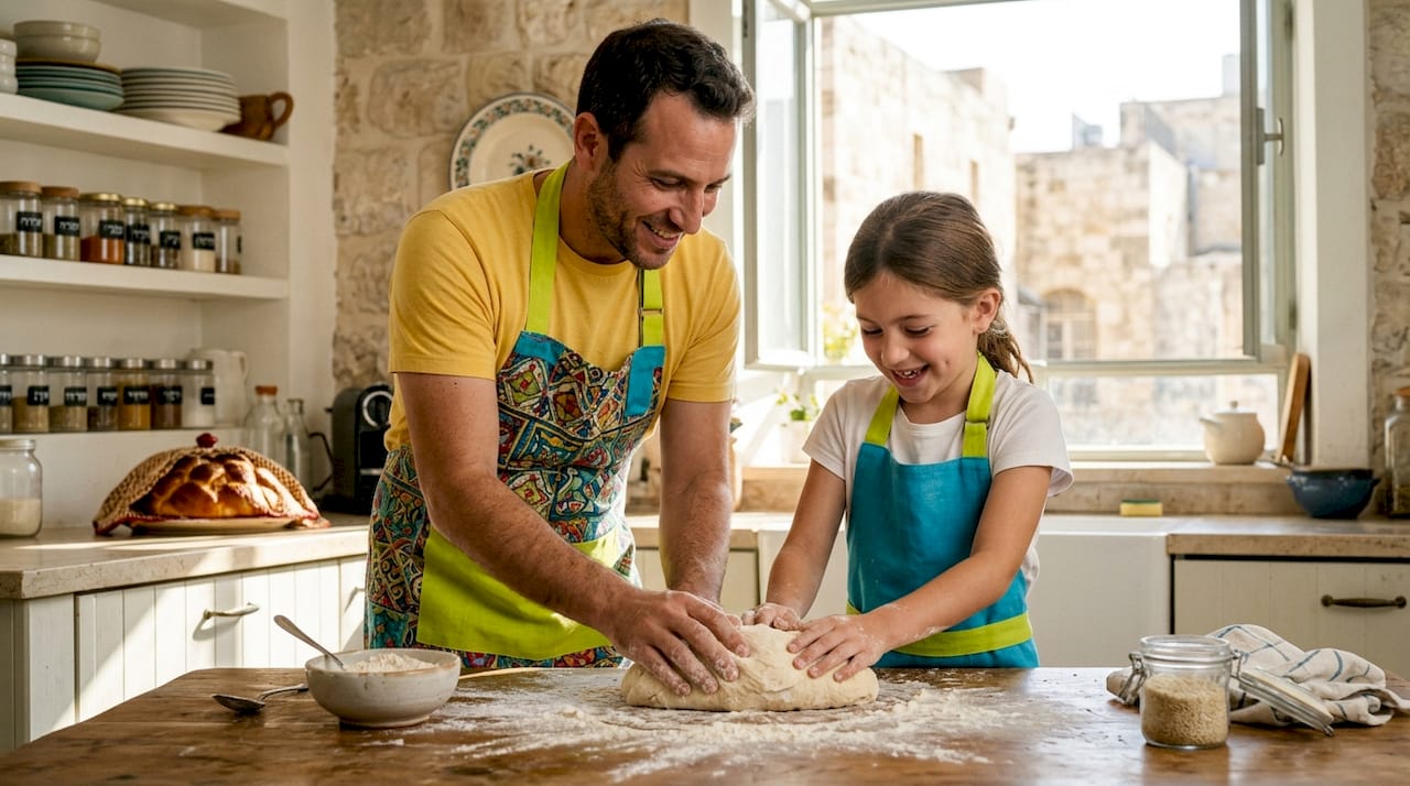 Family preparing challah together in Israeli kitchen