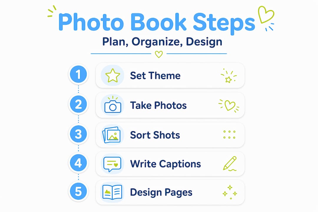 Infographic showing 5 steps to create a photo book