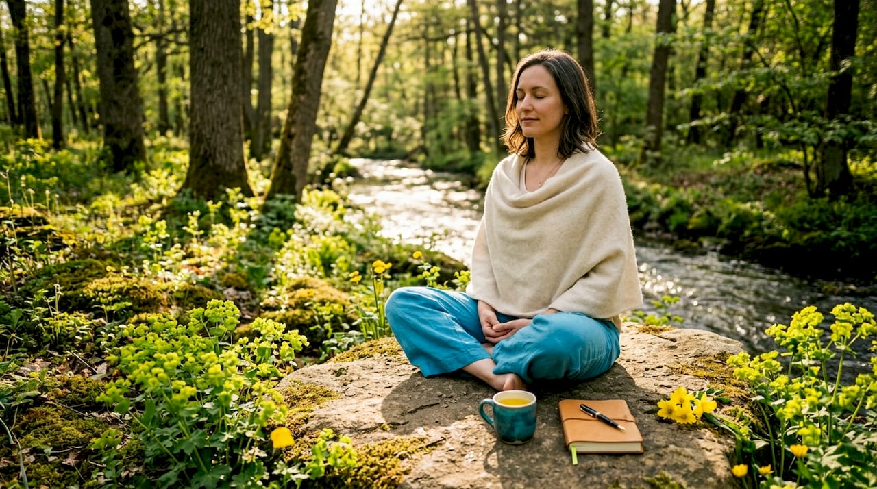 Woman meditating peacefully in forest