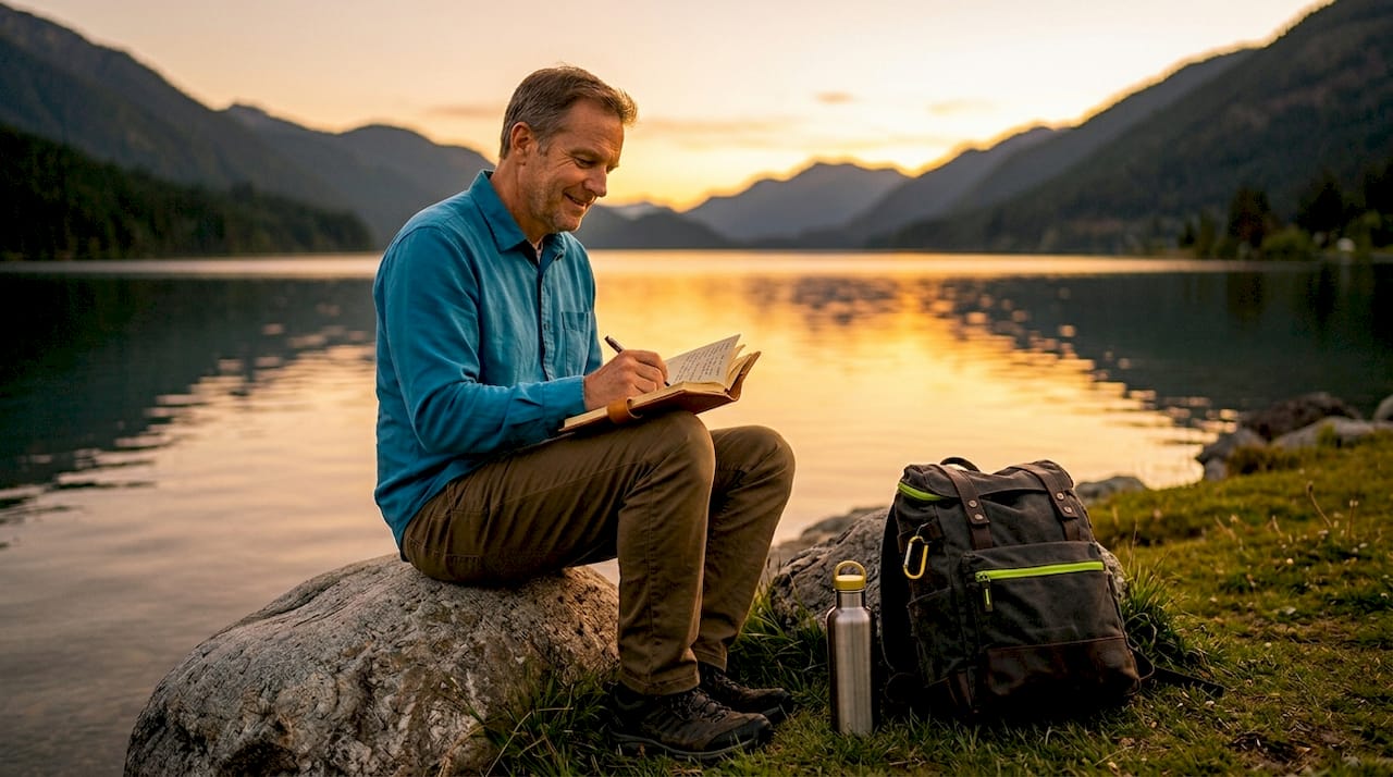 Man journaling outdoors in mountain valley