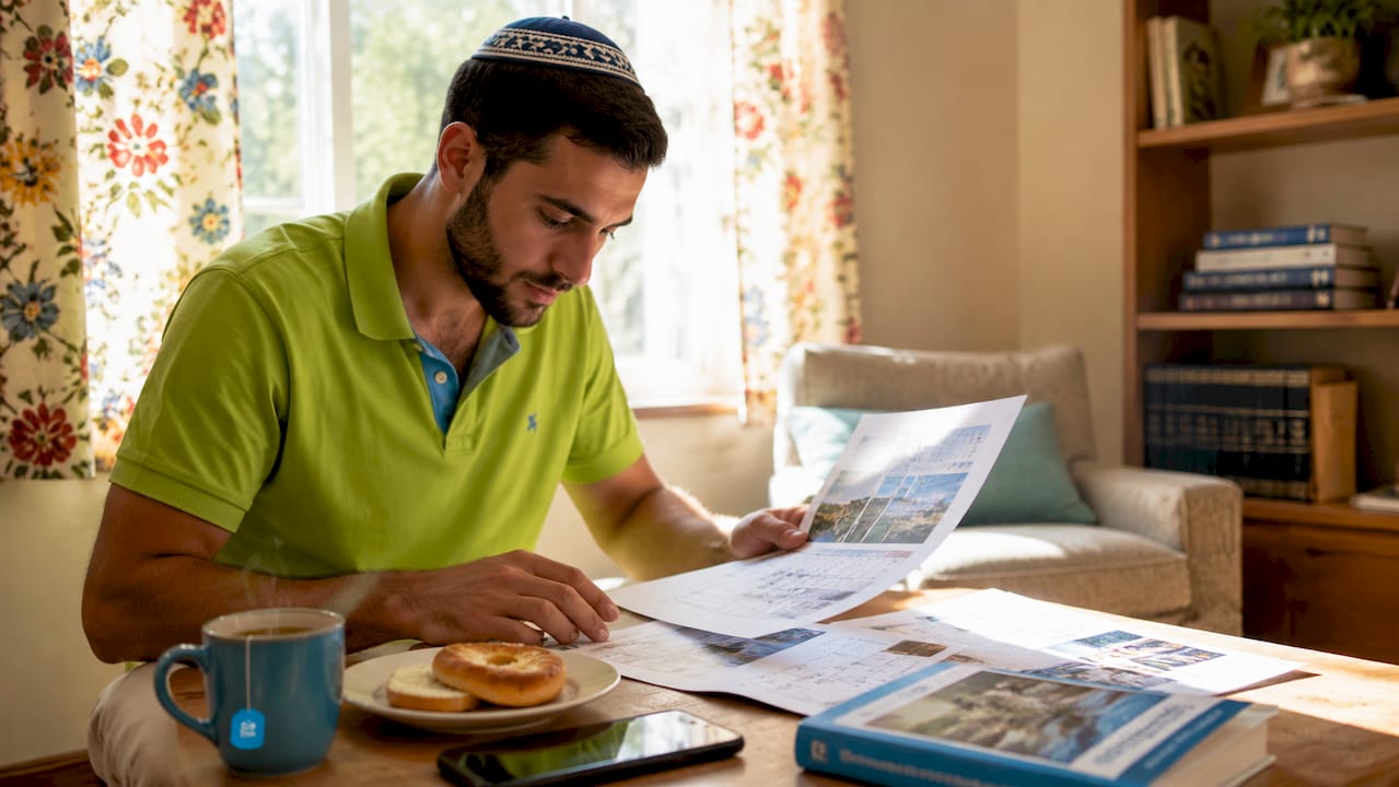 Man planning Jewish travel logistics indoors