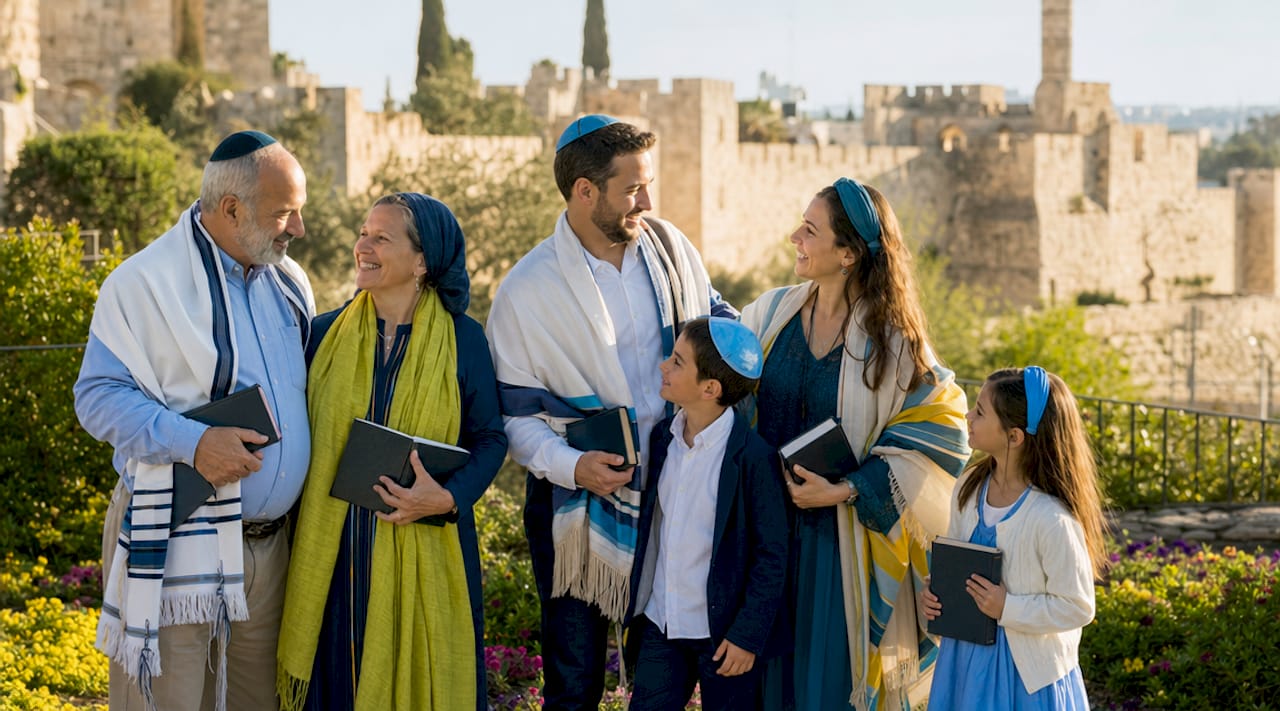 Jewish family praying at Western Wall