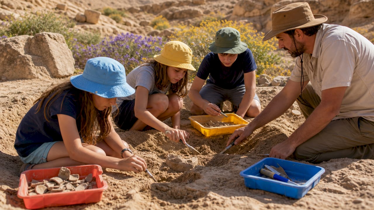Kids engaged in interactive archaeological dig