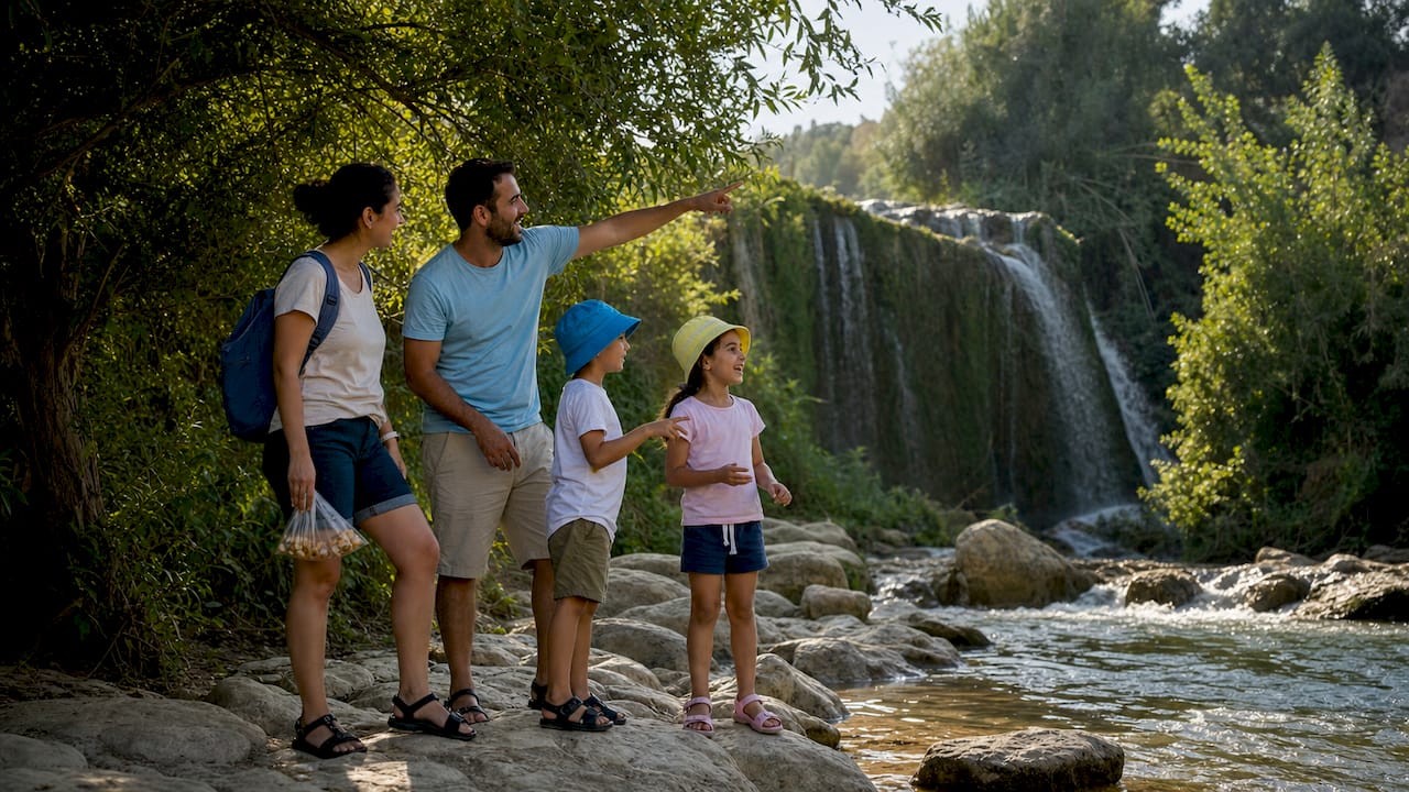 Family hiking in Israeli desert canyon