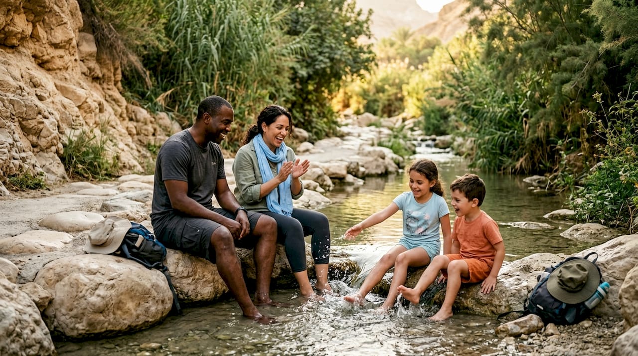 Family relaxing at stream in Ein Gedi