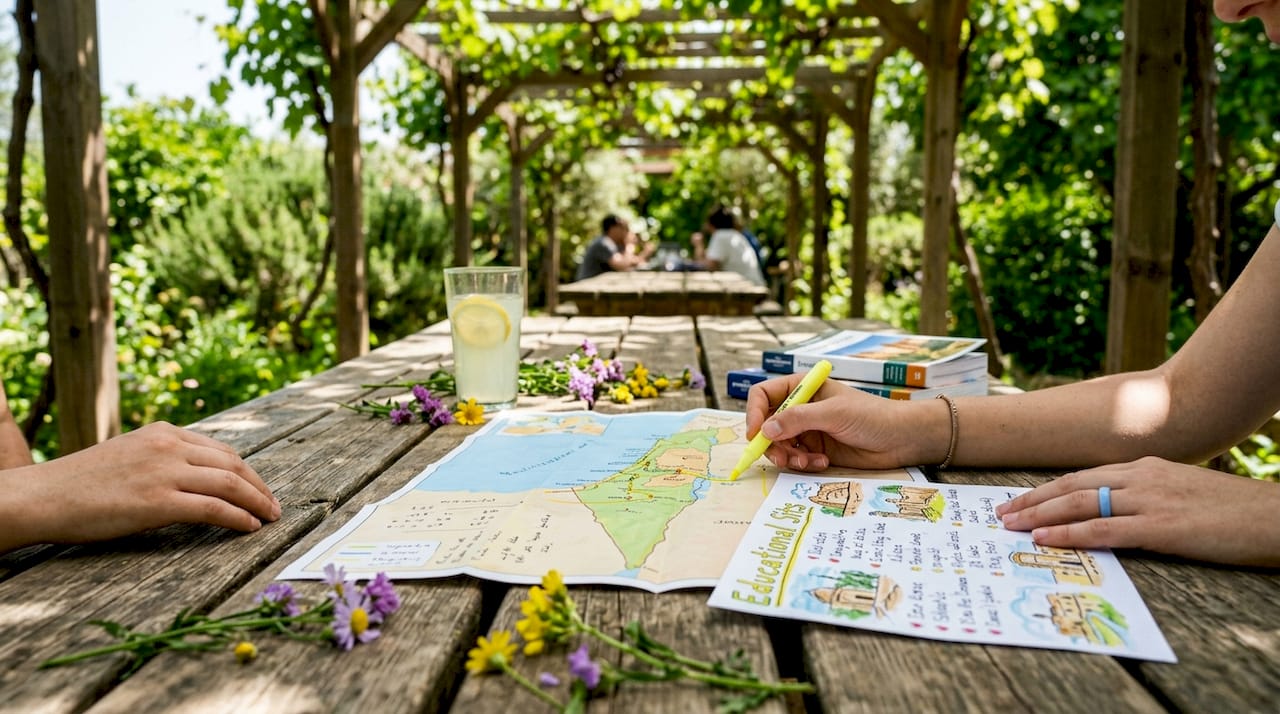 Hands pointing at Israel itinerary map