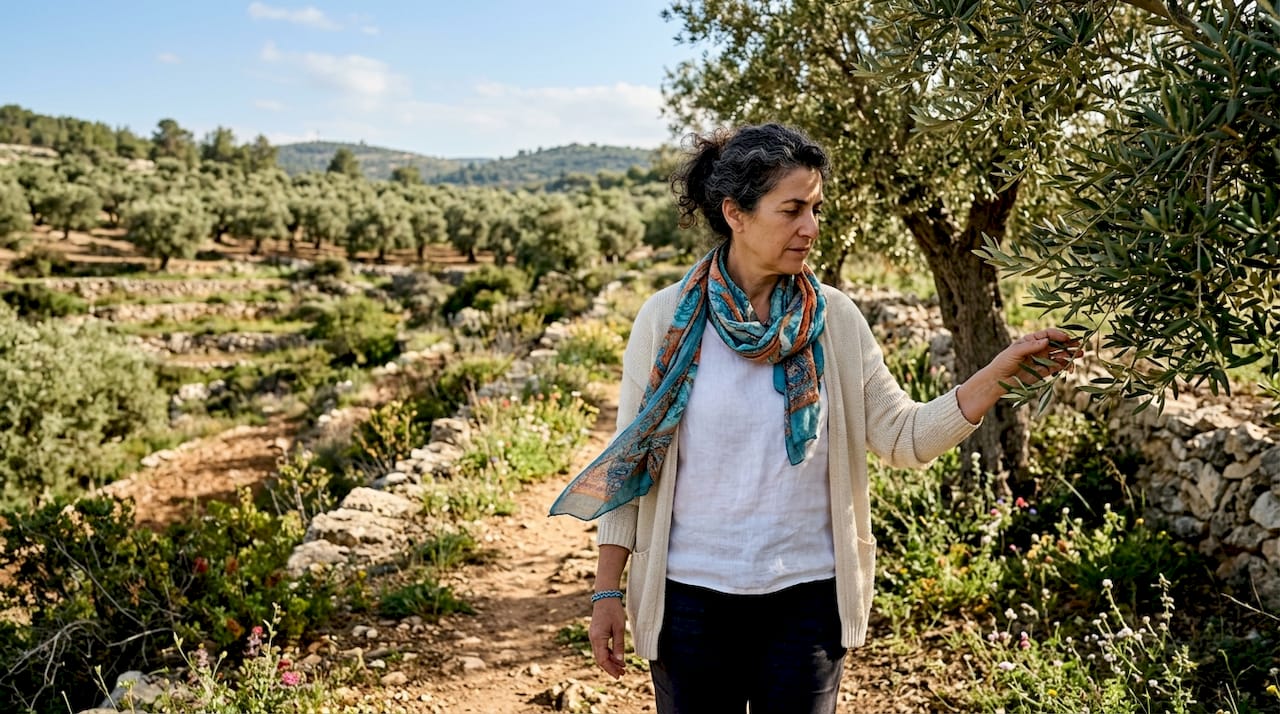 Woman walking through biblical olive groves