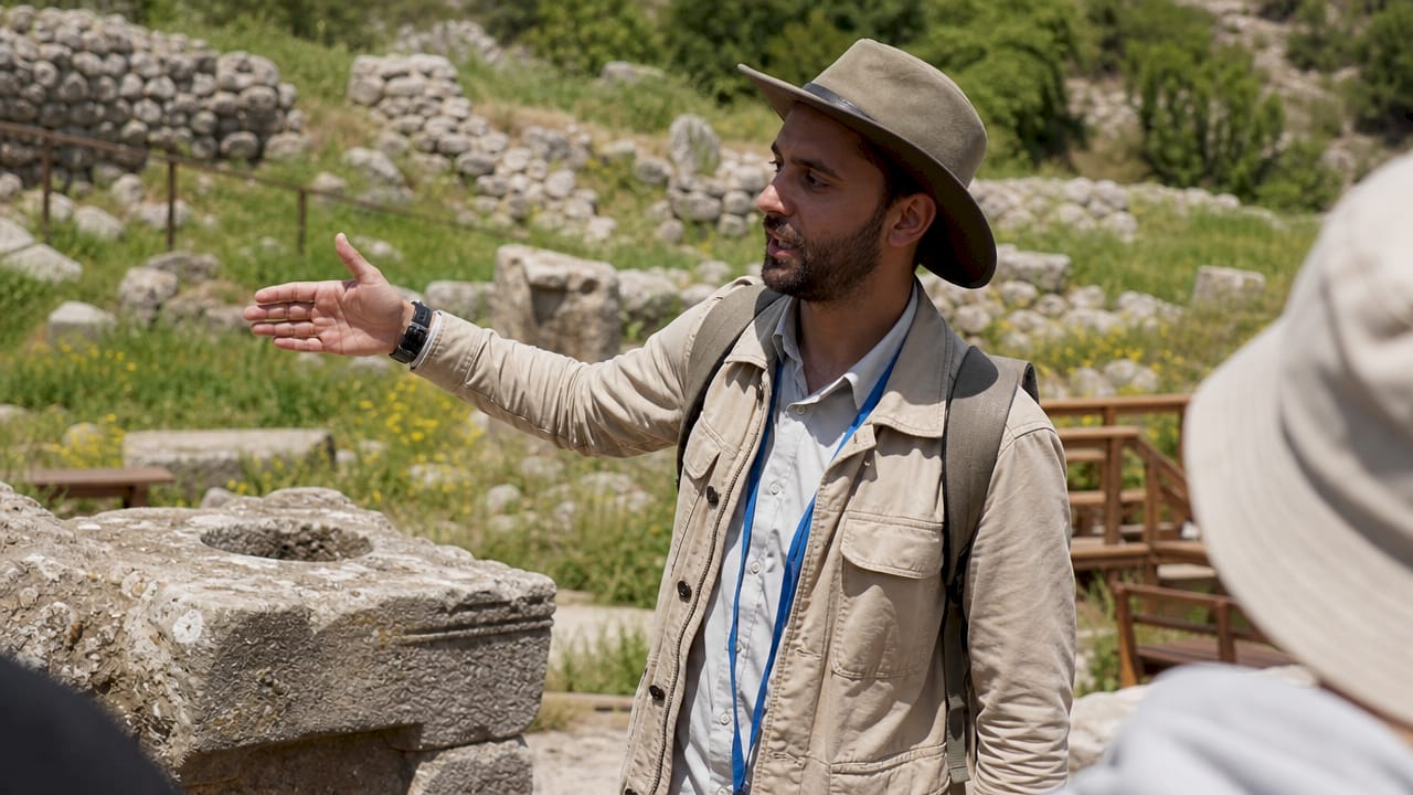 Guide explaining biblical landscape features
