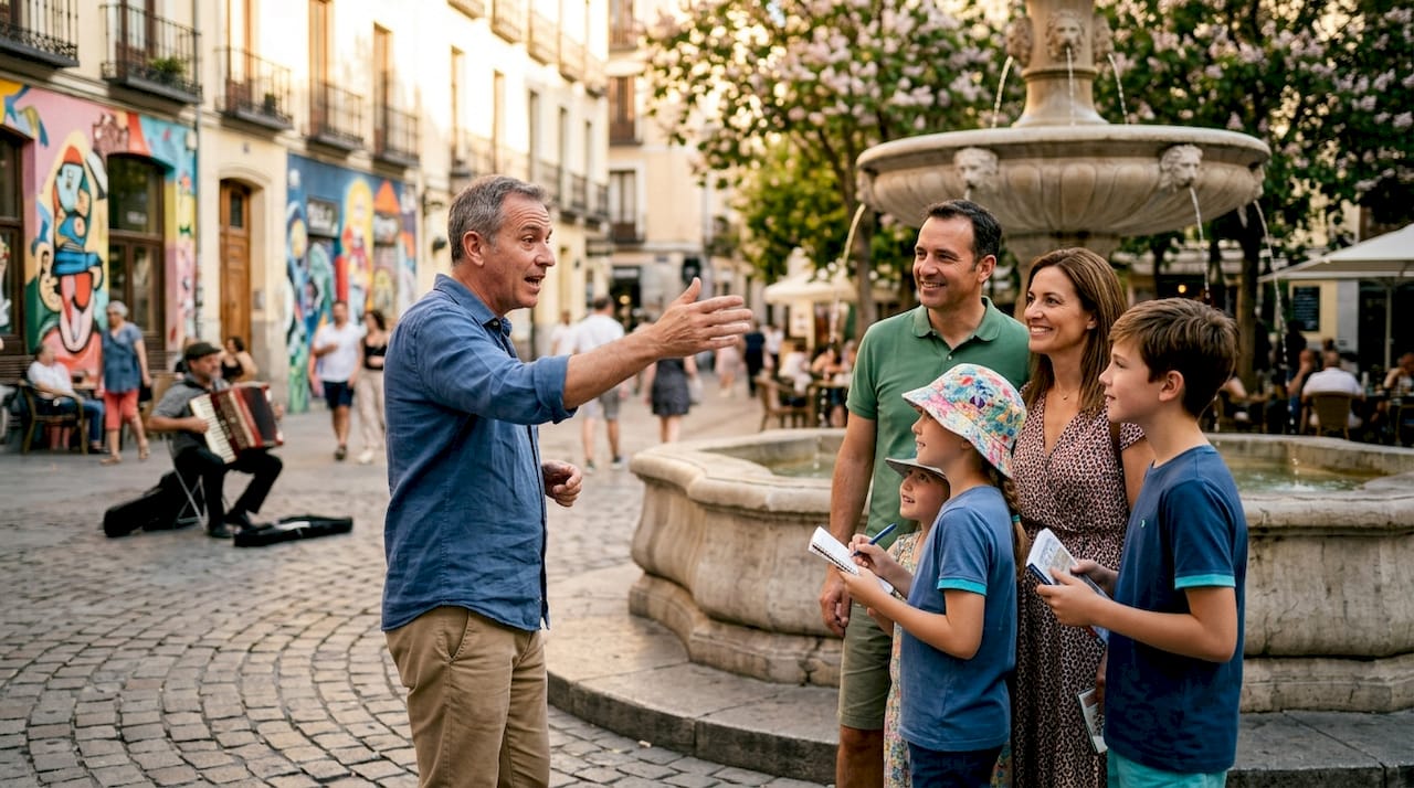 Family listening to local guide at historical site