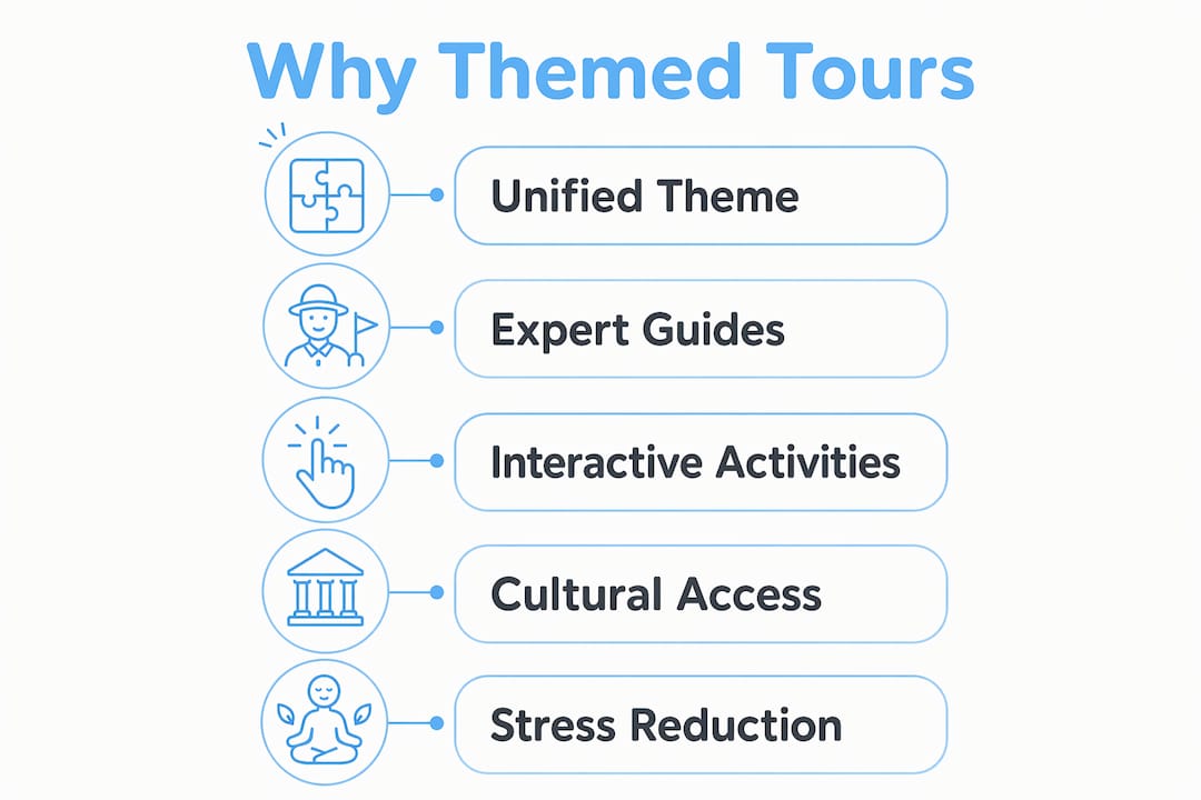 Infographic illustrating key benefits of themed family tours