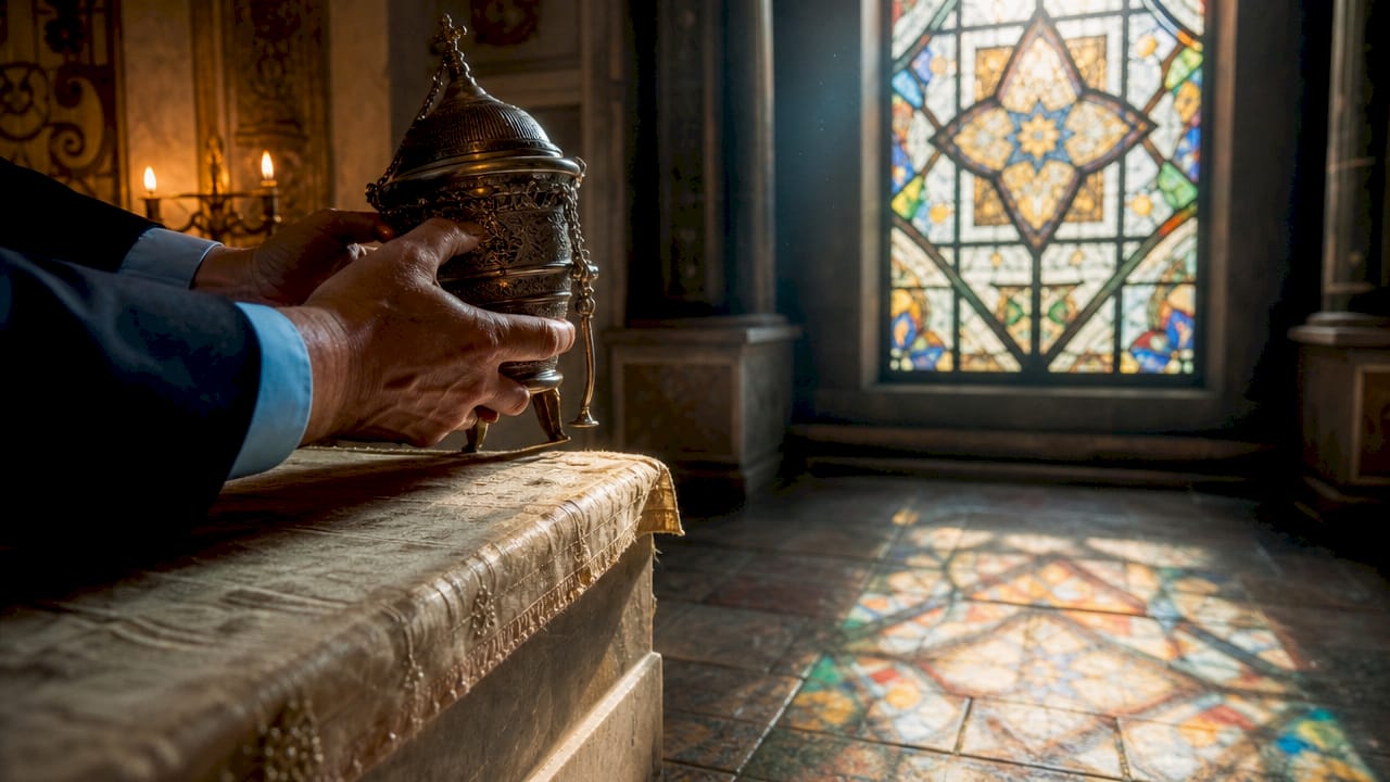 Hands engaging with artifacts inside ancient synagogue