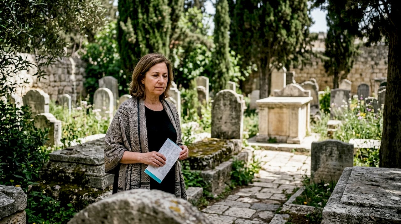 Visitor exploring ancient Jewish synagogue courtyard