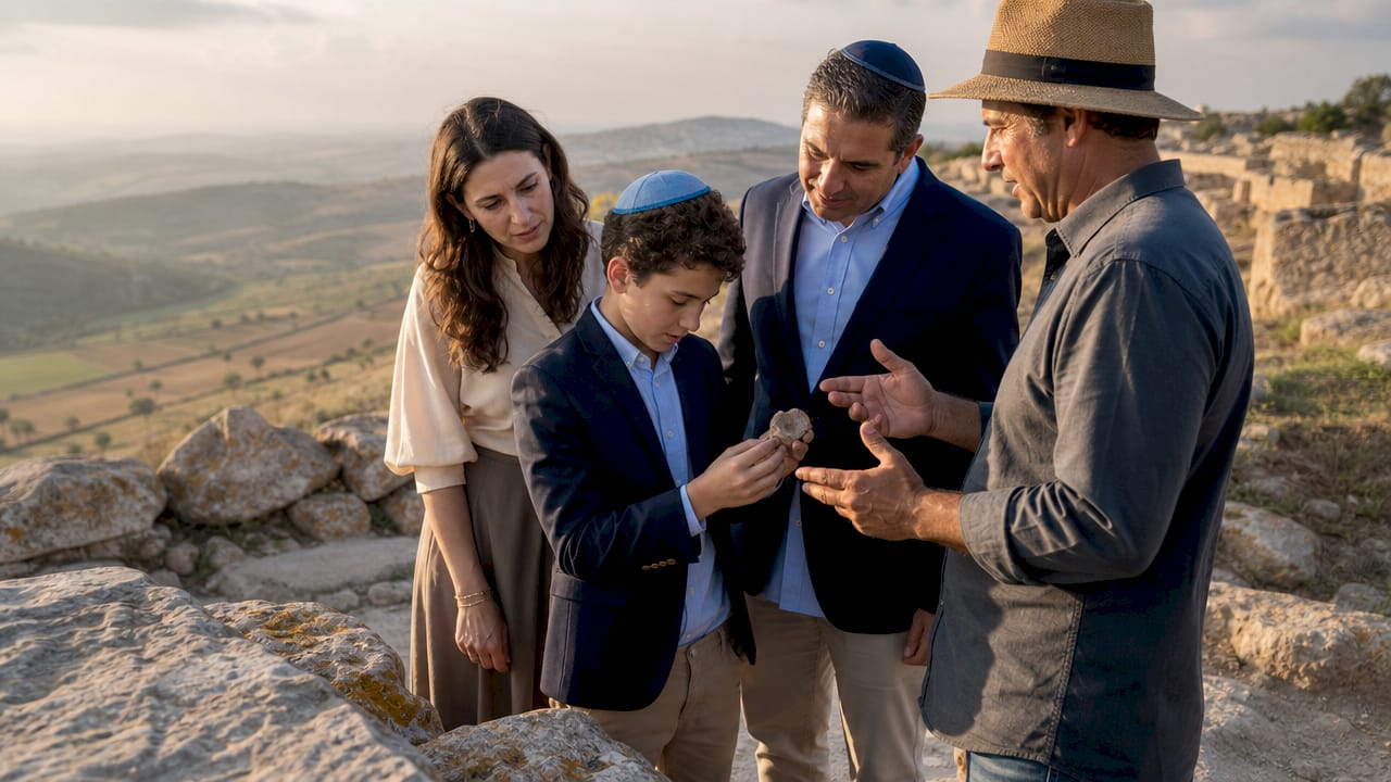 Family with Bar Mitzvah boy exploring archaeological site