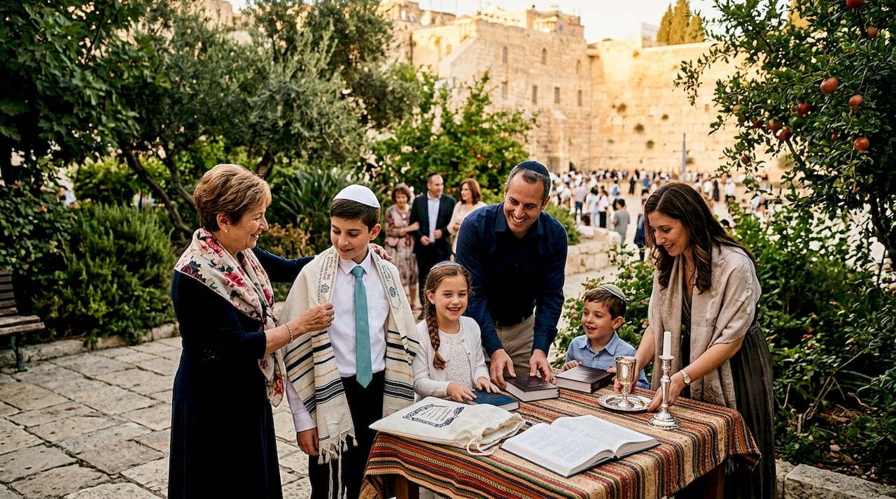 Jewish family preparing Bar Mitzvah near Western Wall