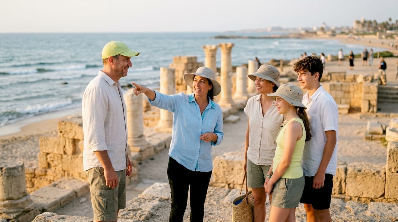 Family listening to guide about Jewish history outdoors