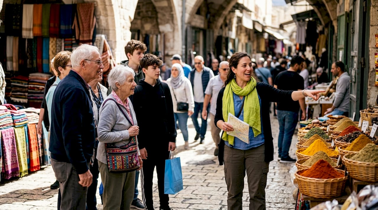 Tour guide leading group in Jerusalem Old City