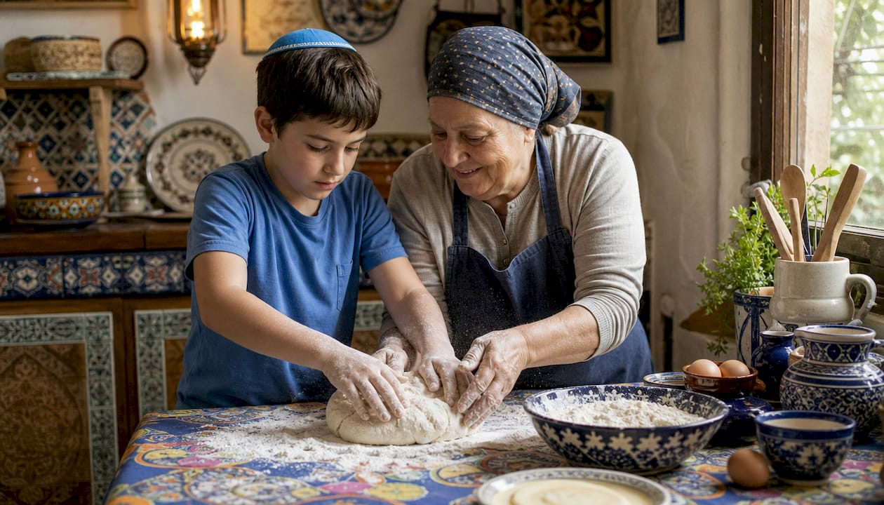 Child baking traditional Jewish bread with elder
