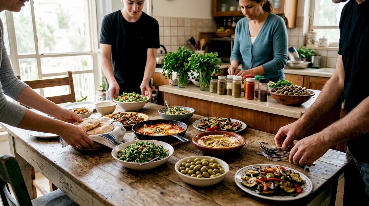 Hands placing food for Israeli family meal