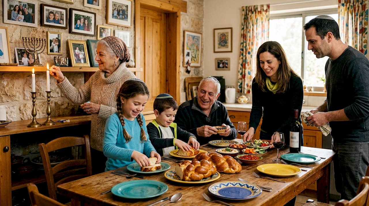 Israeli family preparing traditional holiday meal