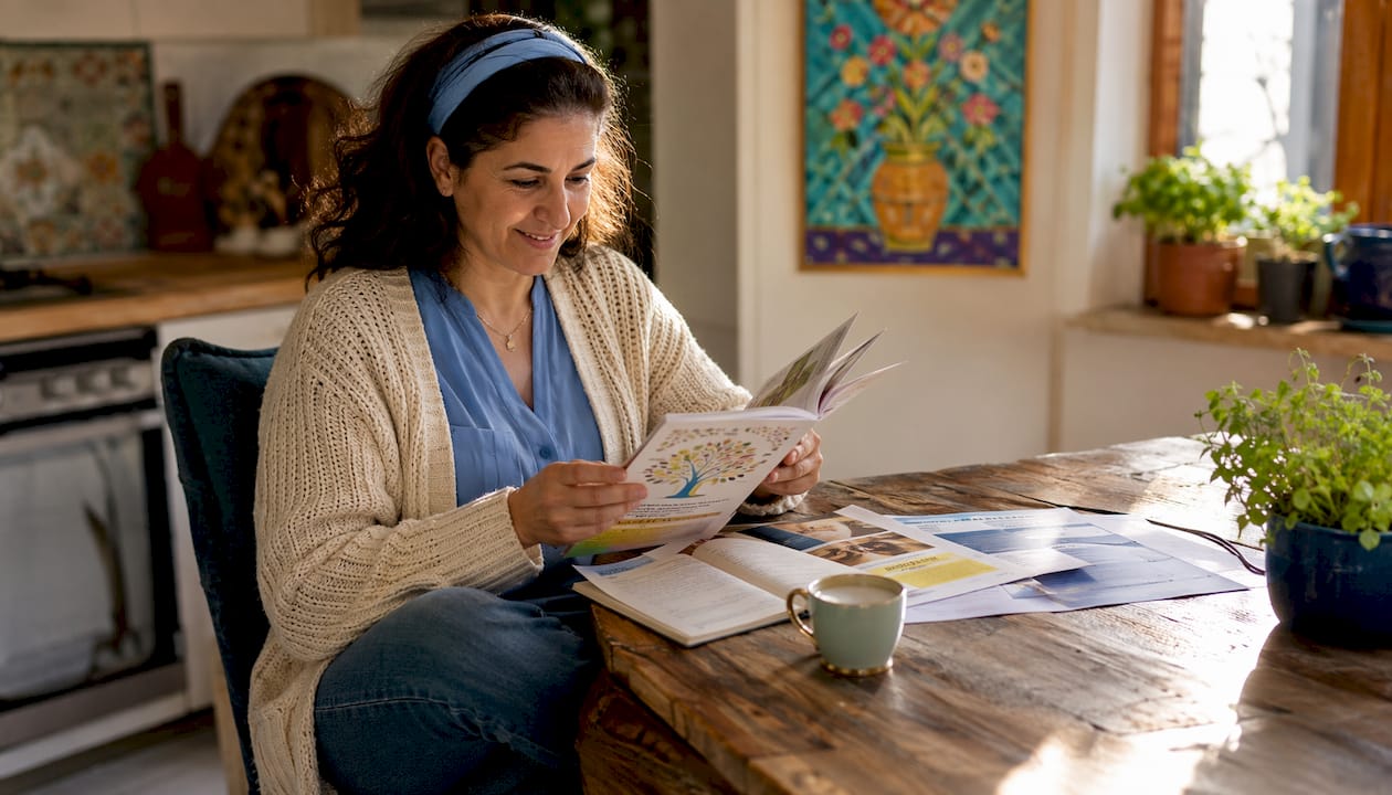 Jewish mother reviewing family resources at home