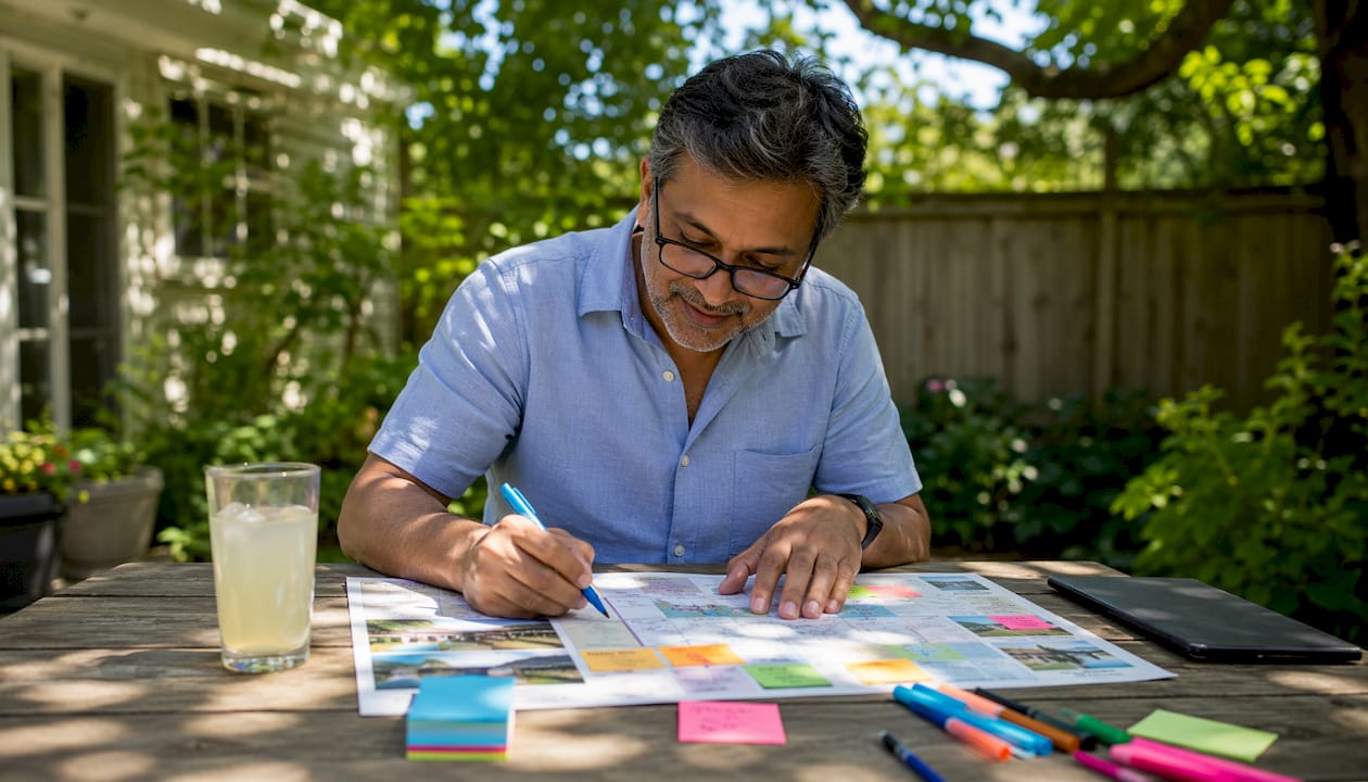 Parent planning heritage tour itinerary at table