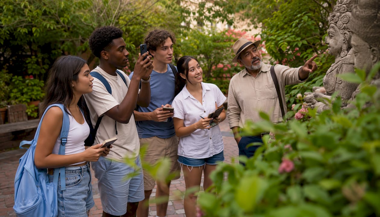 Teens engaging with guide on heritage tour