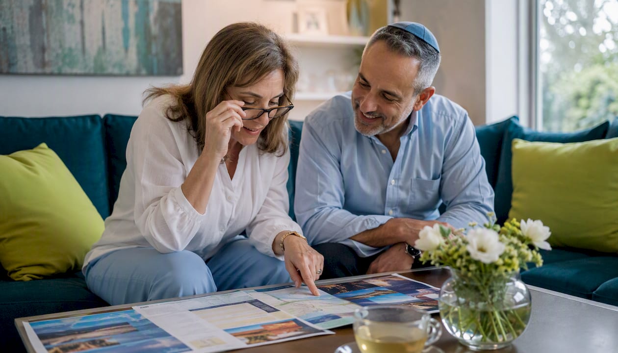 Family reviewing Bar Mitzvah trip itinerary at dining table