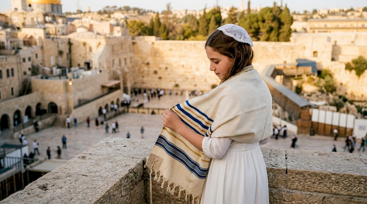 Bat Mitzvah girl with tallit at Western Wall