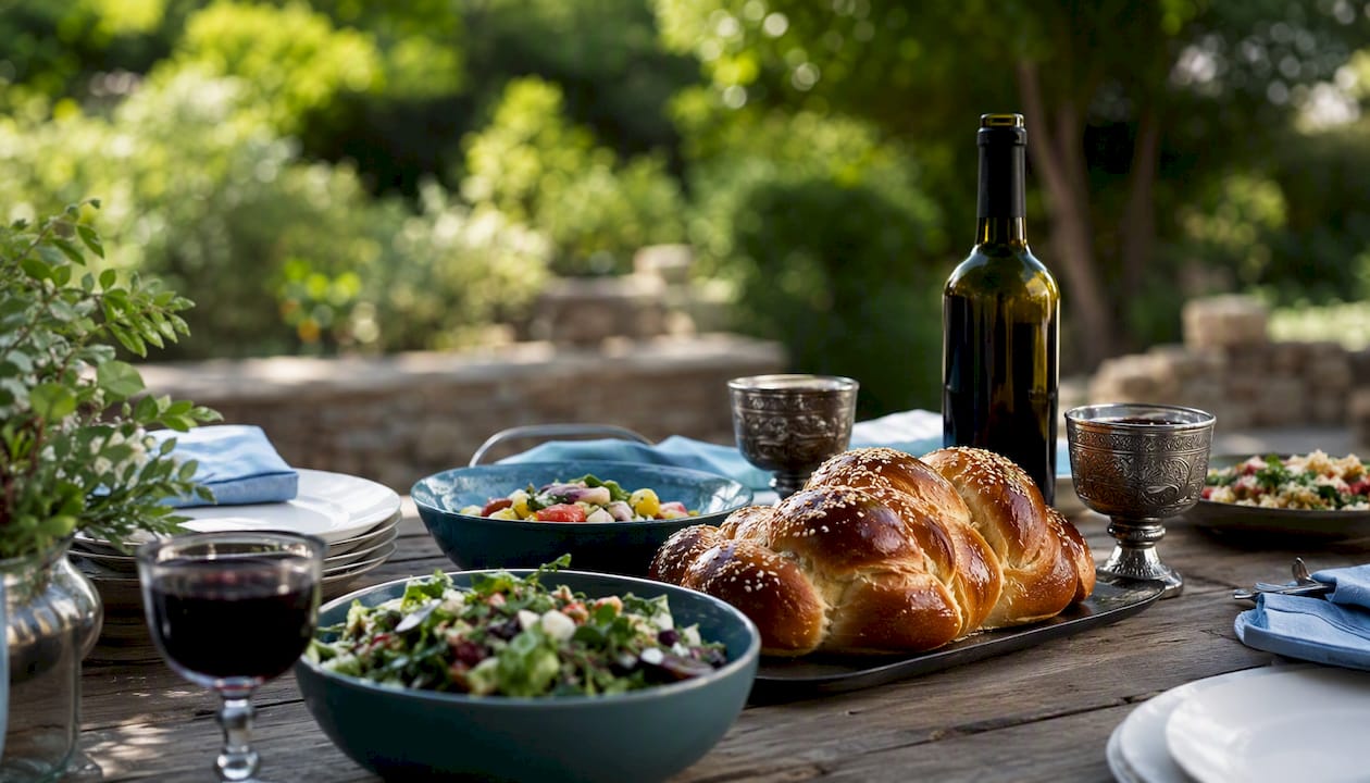 Kiddush setup with challah and wine outdoors