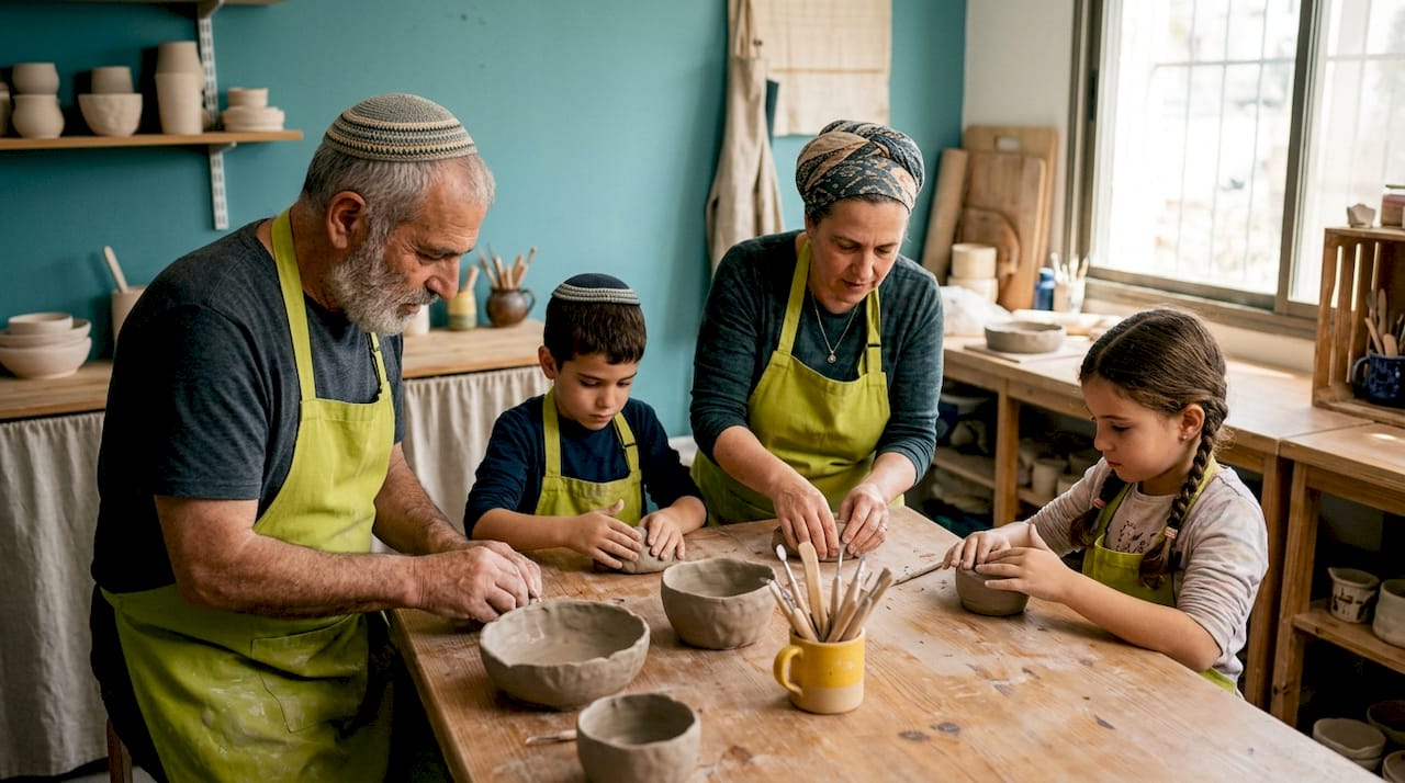 Family shaping clay in Jerusalem studio