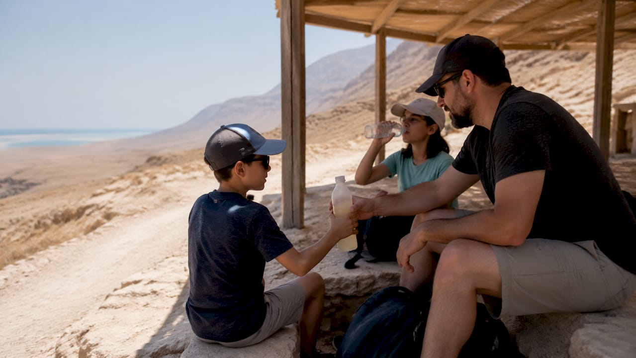 Family taking a shaded hydration break