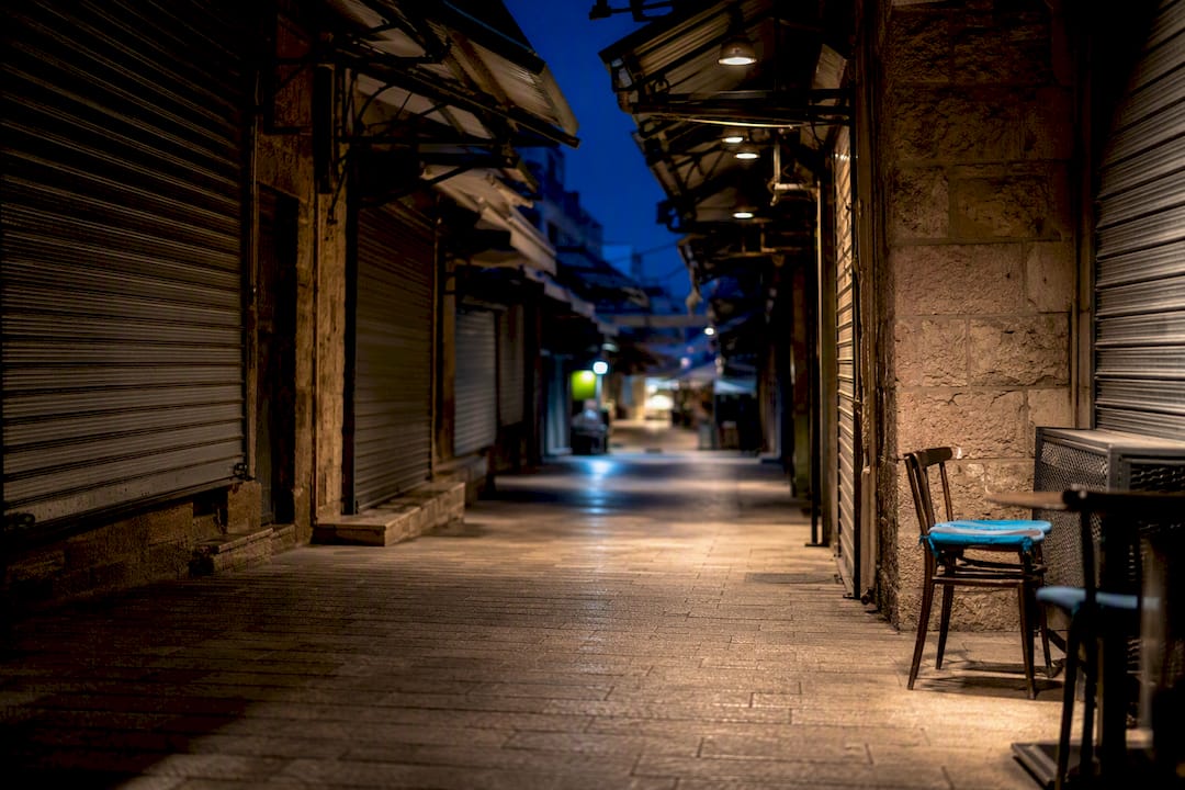 Shuttered Mahane Yehuda stalls at blue hour