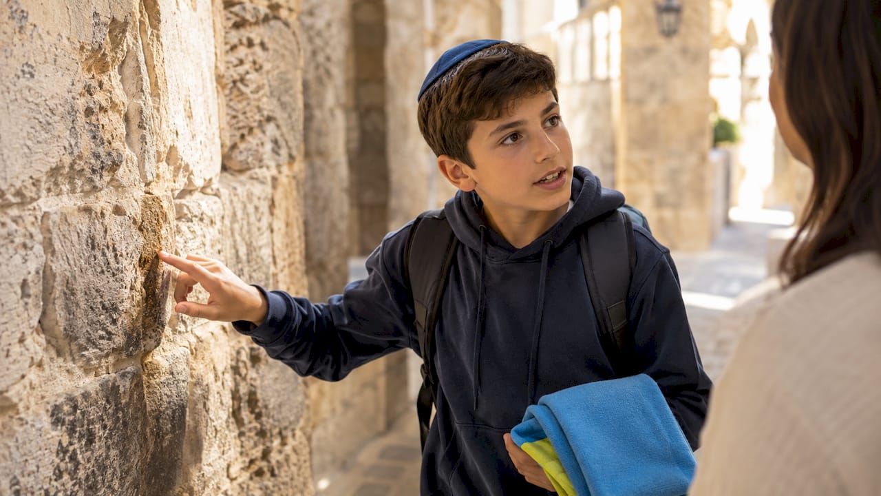 Young guide rehearsing beside ancient stonework