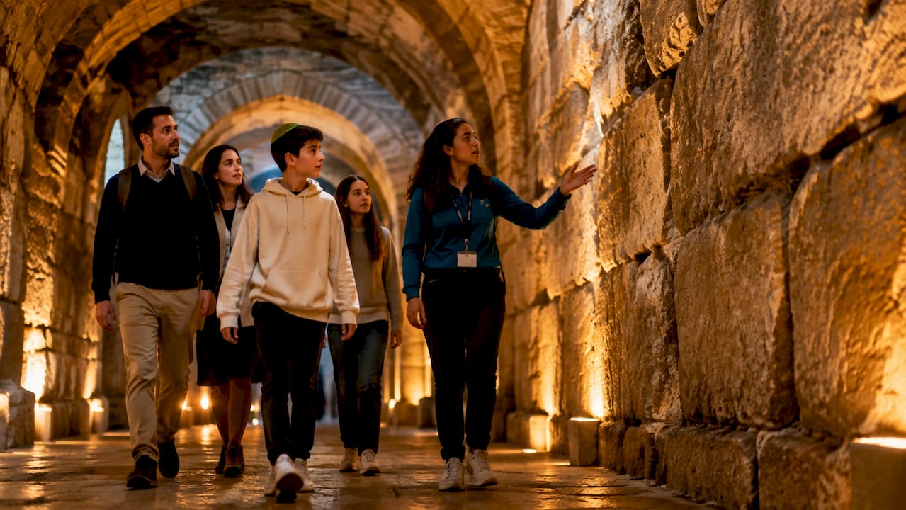 Family touring underground Kotel tunnels