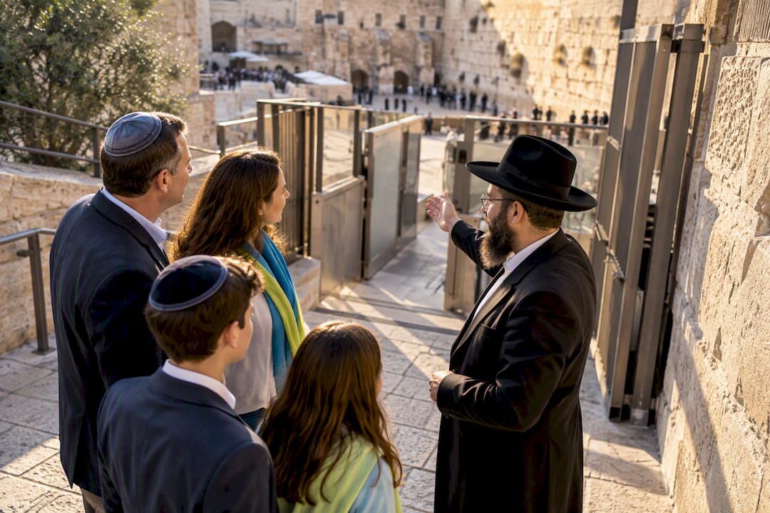 Rabbi guiding family near Western Wall access