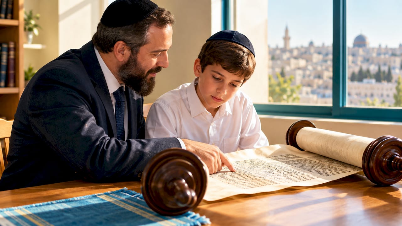 Rabbi coaching child during Torah lesson