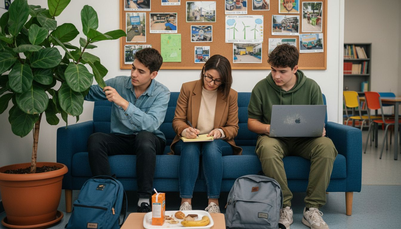 Um grupo de alunos com diferentes origens trabalha em conjunto num projeto escolar.