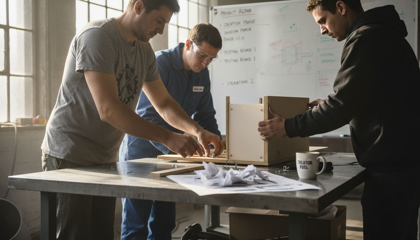 Structured Challenge Participation Workflow For Global Teams 2 Team assembling prototype in loft workspace