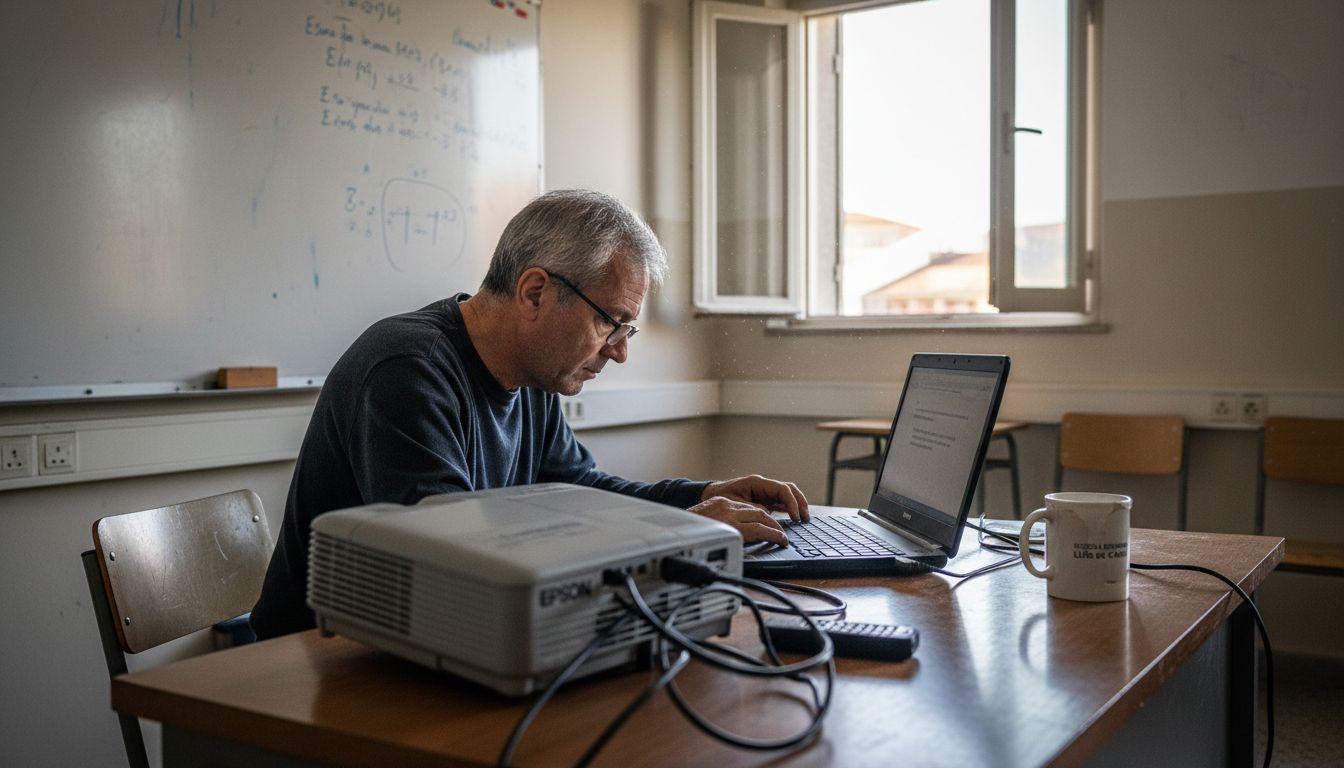 O professor dá as aulas com um portátil já antigo ao lado do quadro branco.