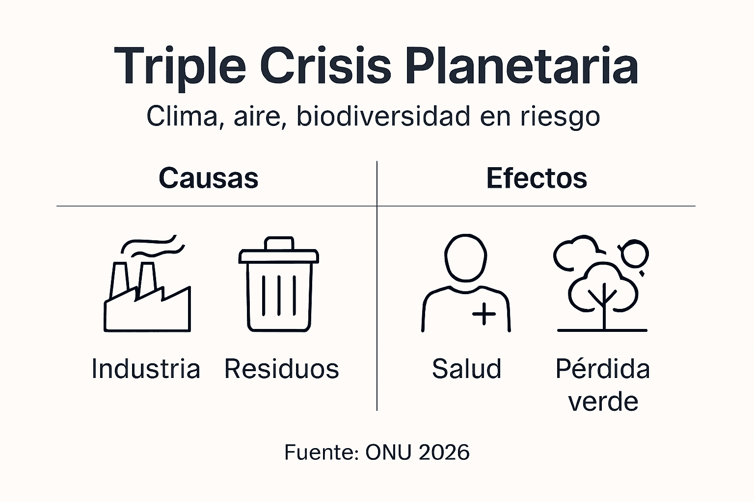 Qué Es Un Reto Planetario: 90% Aire Contaminado (2026) 2 Gráfica informativa sobre la triple crisis ambiental que enfrenta nuestro planeta