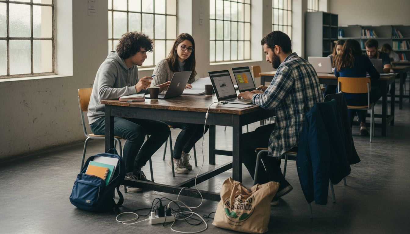 Num ambiente universitário, vários estudantes trabalham em conjunto, cada um com o seu portátil.