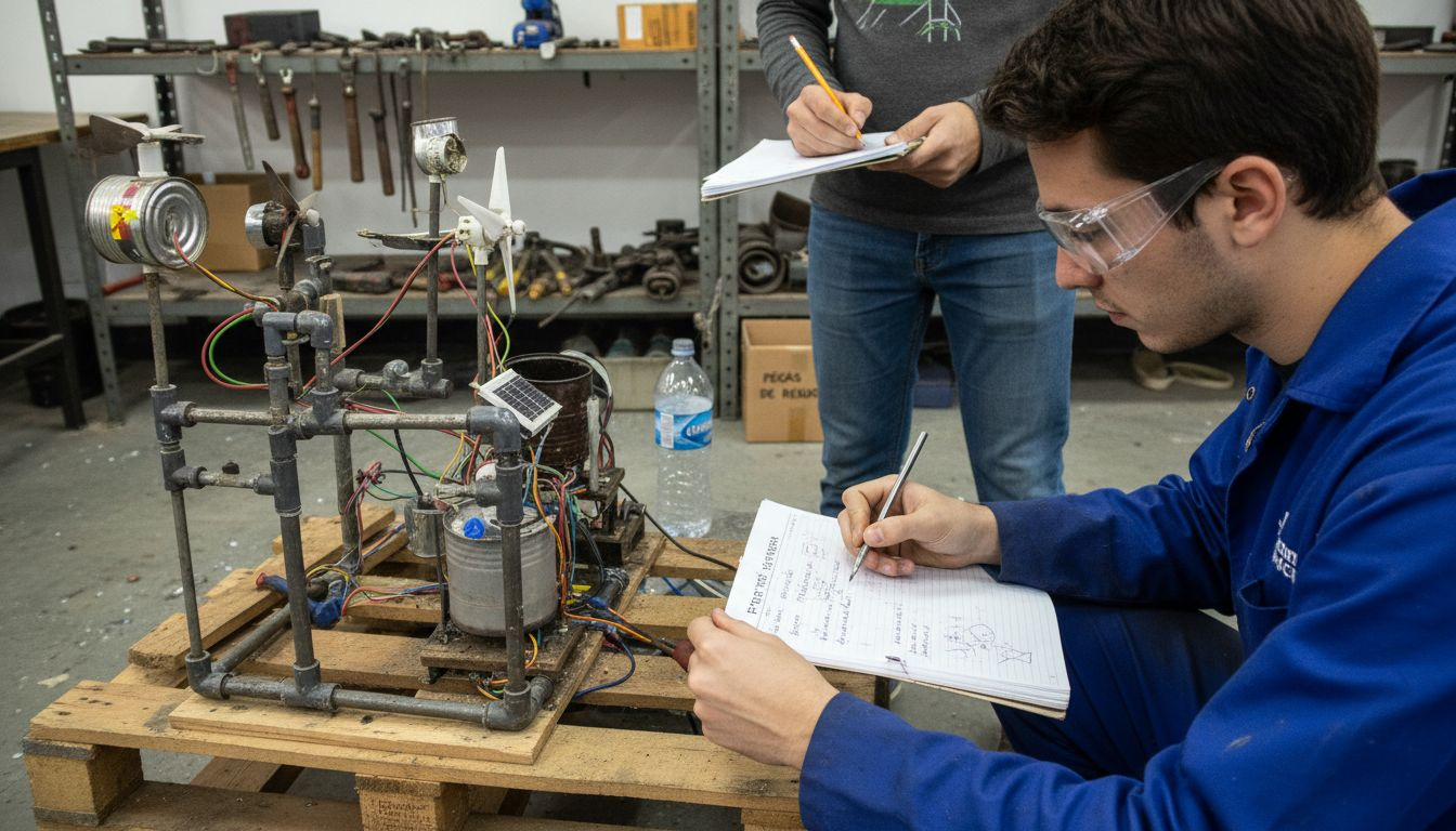 O Papel De Protótipos Em Educação Superior Para Inovação 2 Alunos ajustando protótipo sustentável em oficina