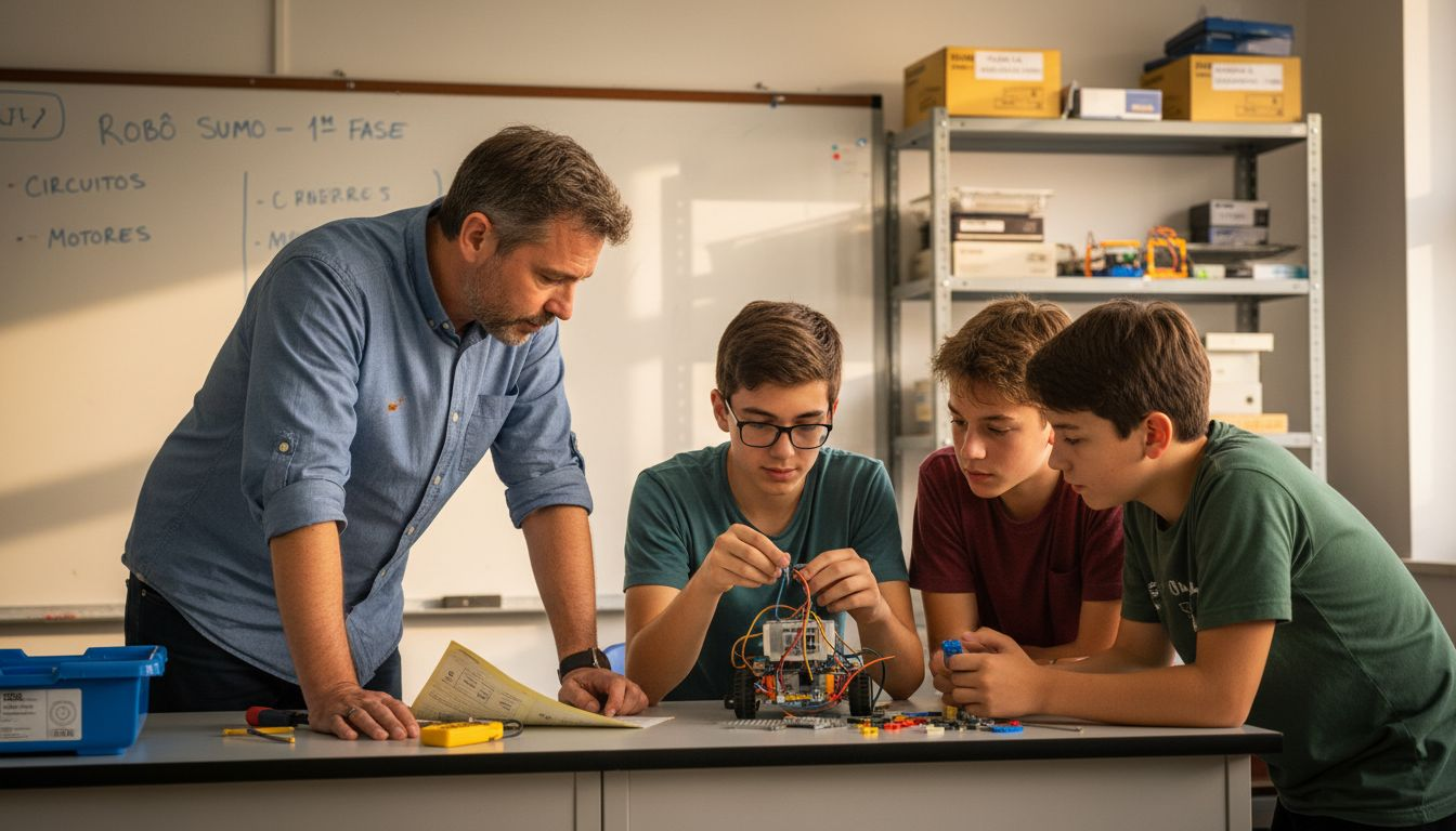O professor orienta os alunos durante a atividade prática.