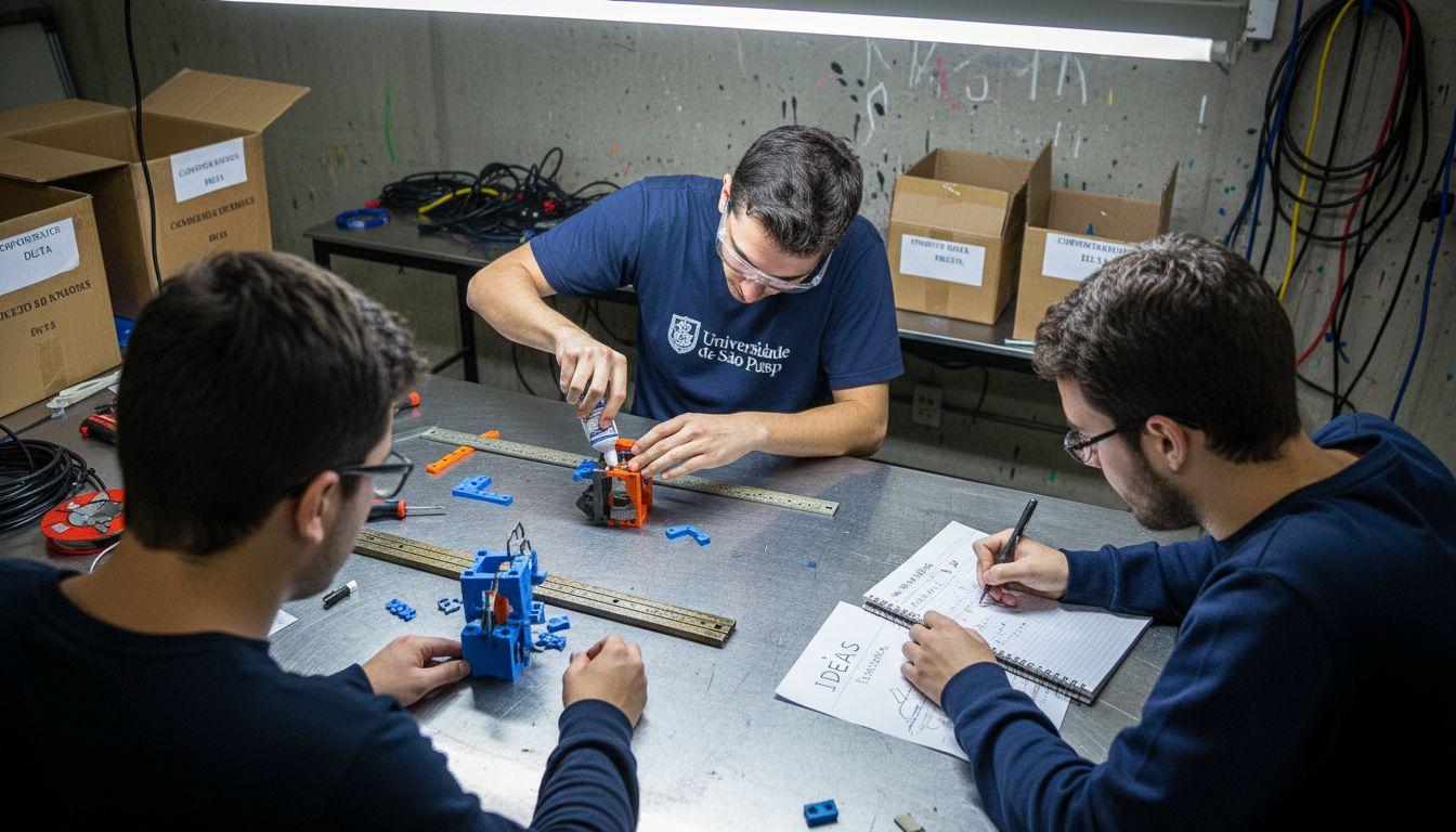 Alunos trabalhando juntos na criação de um protótipo para a exposição