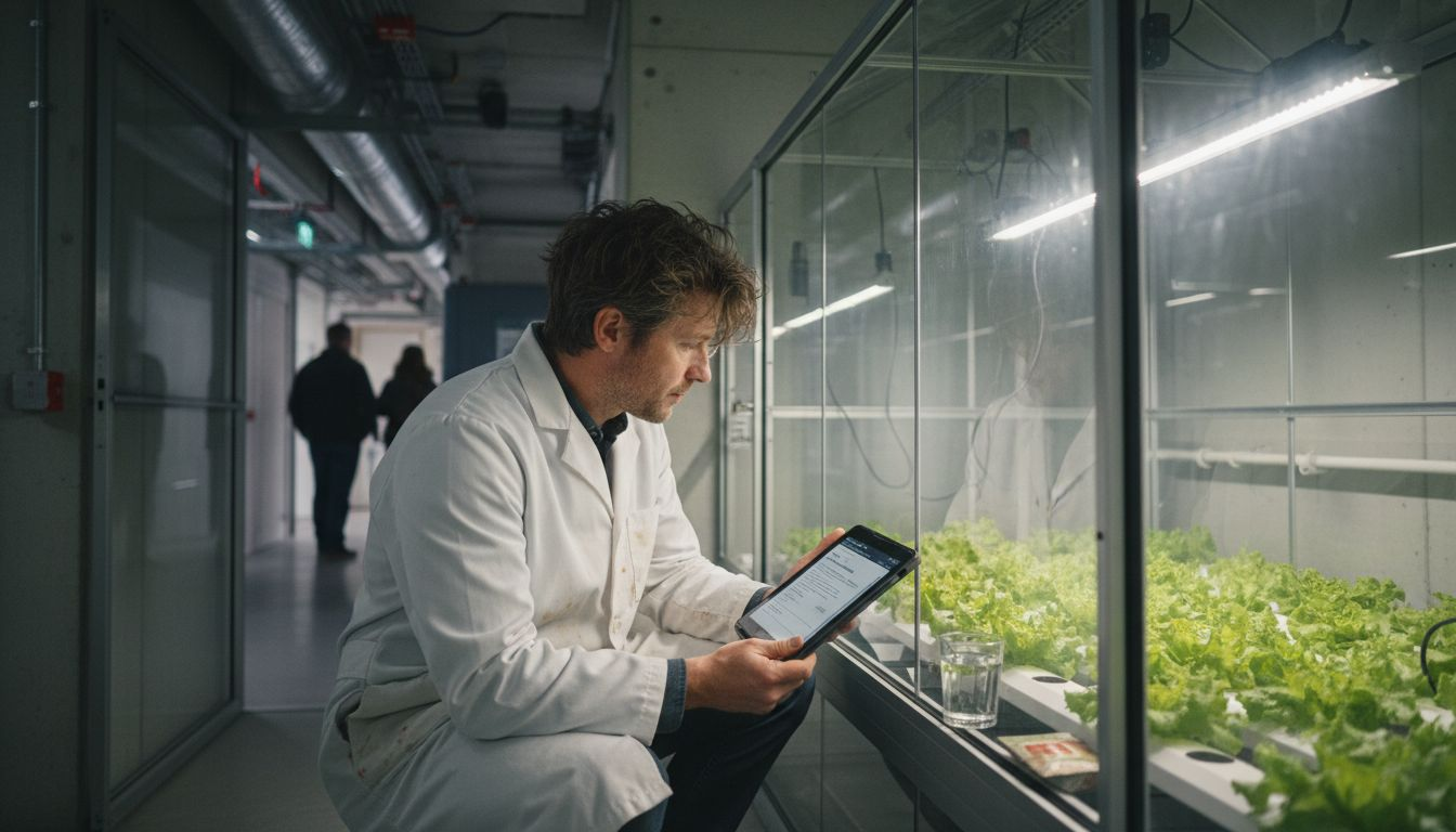 Scientist checks hydroponic lettuce for Mars-Earth study